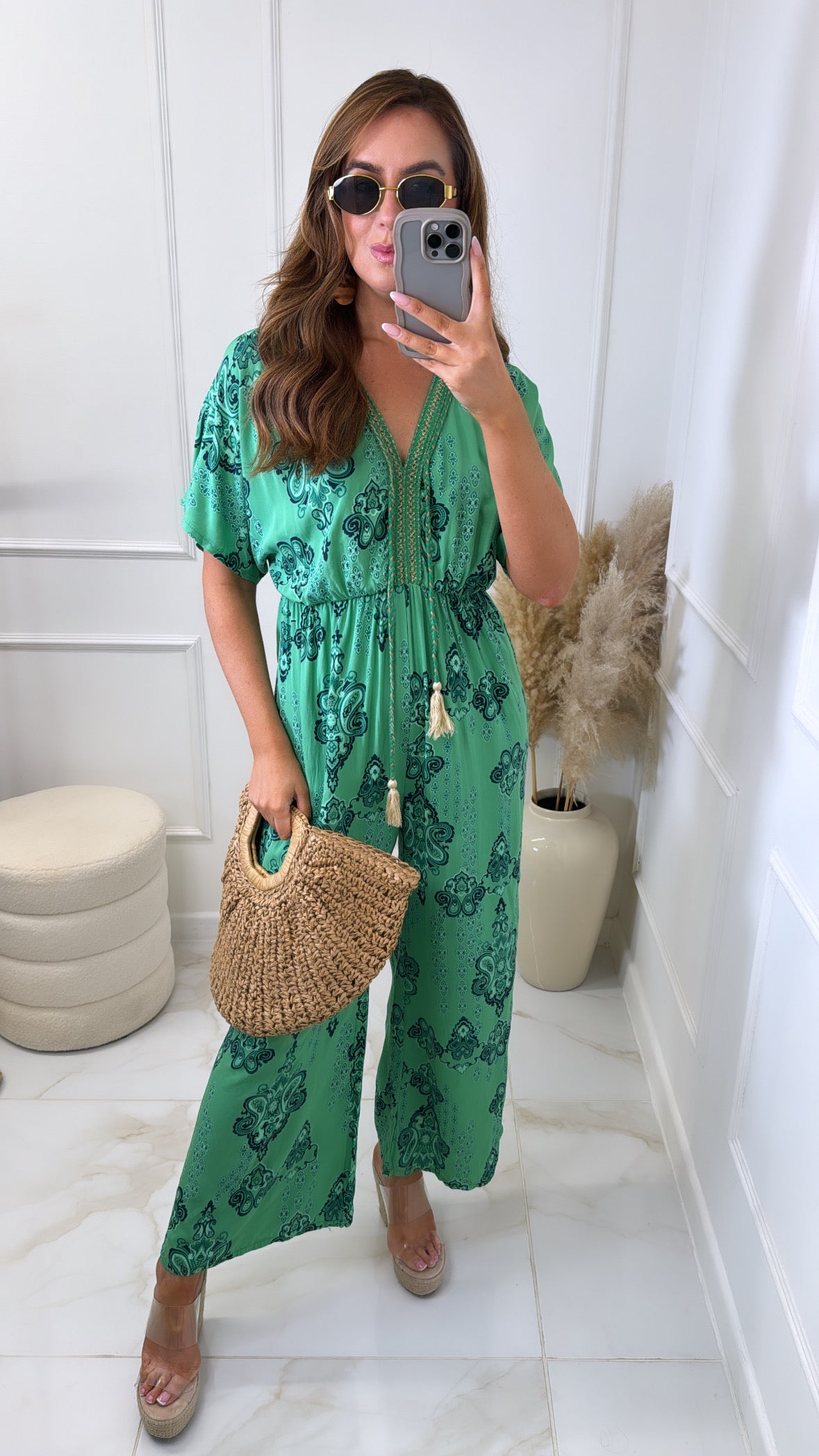 BONNIE green printed tassel jumpsuit