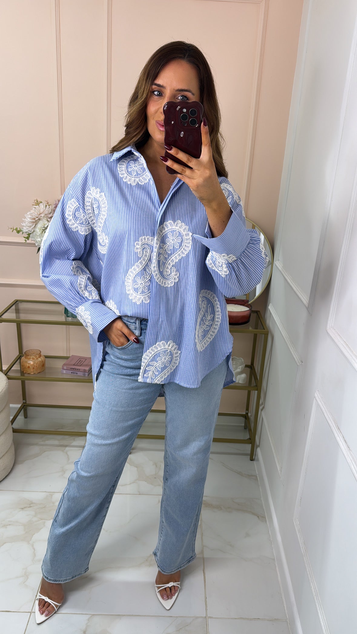 LOTTIE blue pinstripe crochet detail shirt