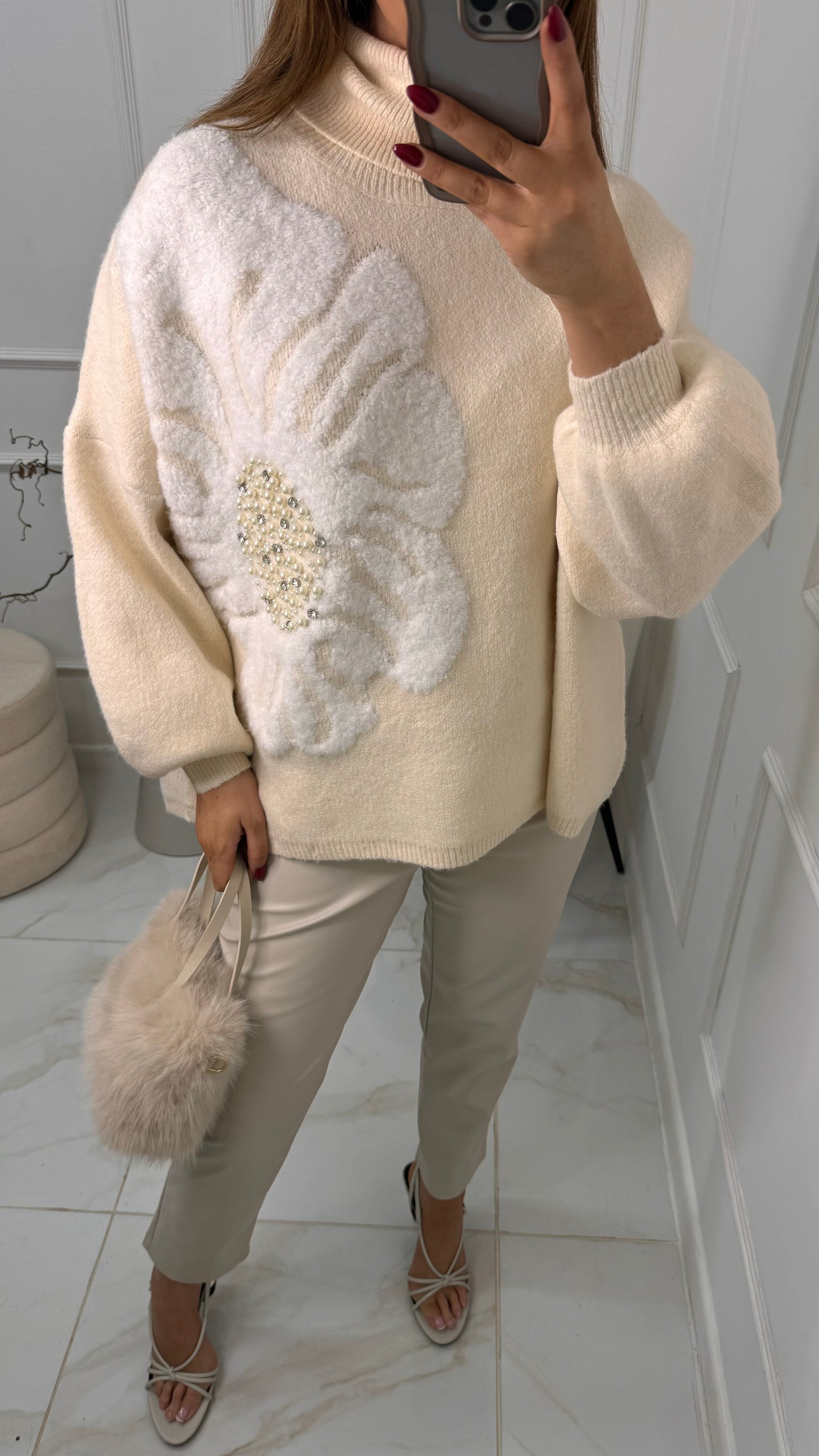 MARGOT cream embellished flower roll neck jumper