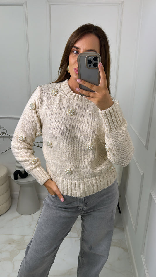 CASSIE beige pearl detail soft knit jumper