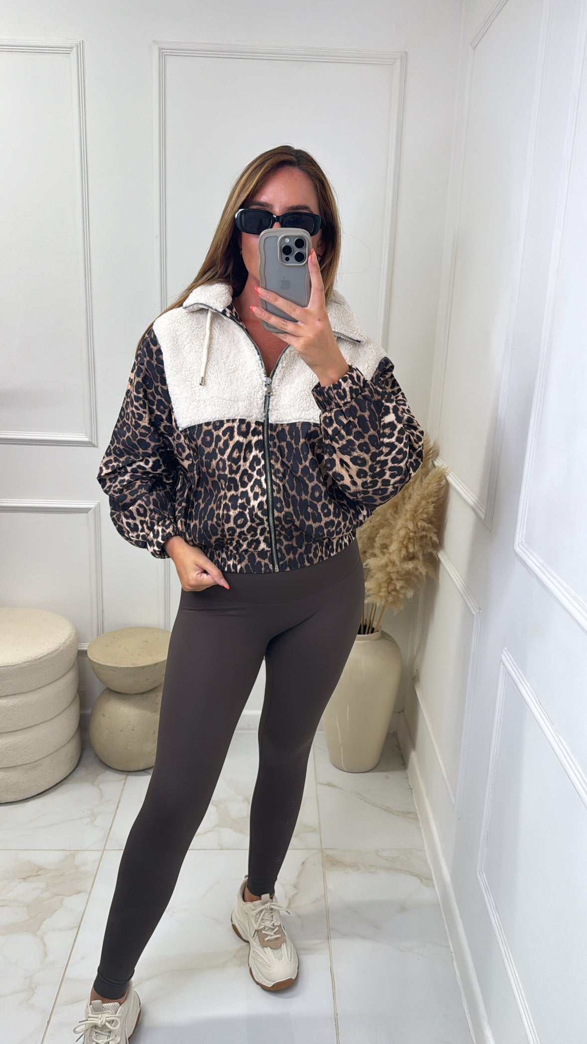 MAISIE cream leopard panel teddy bomber