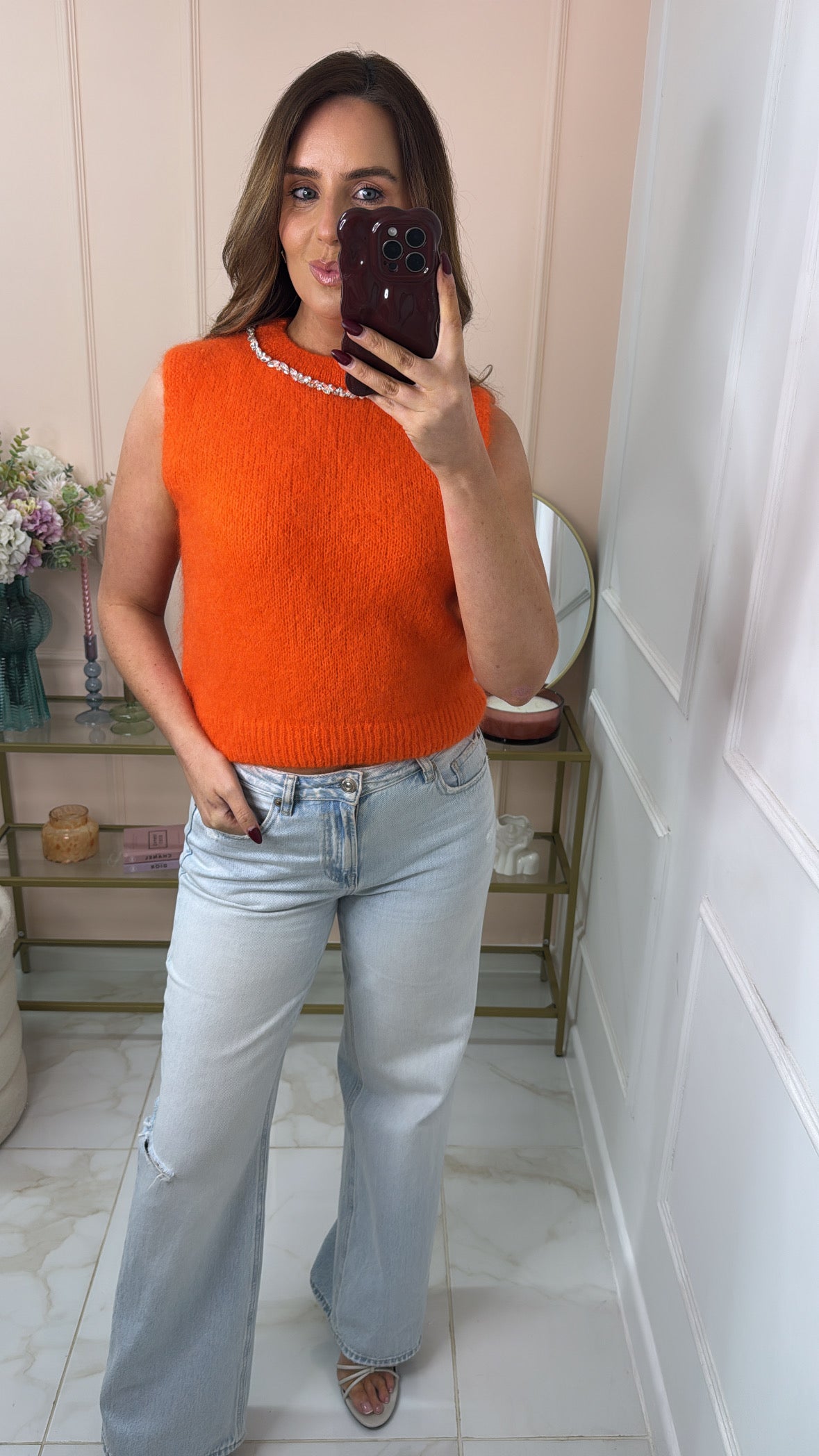 TALIA bright orange diamante sleeveless jumper