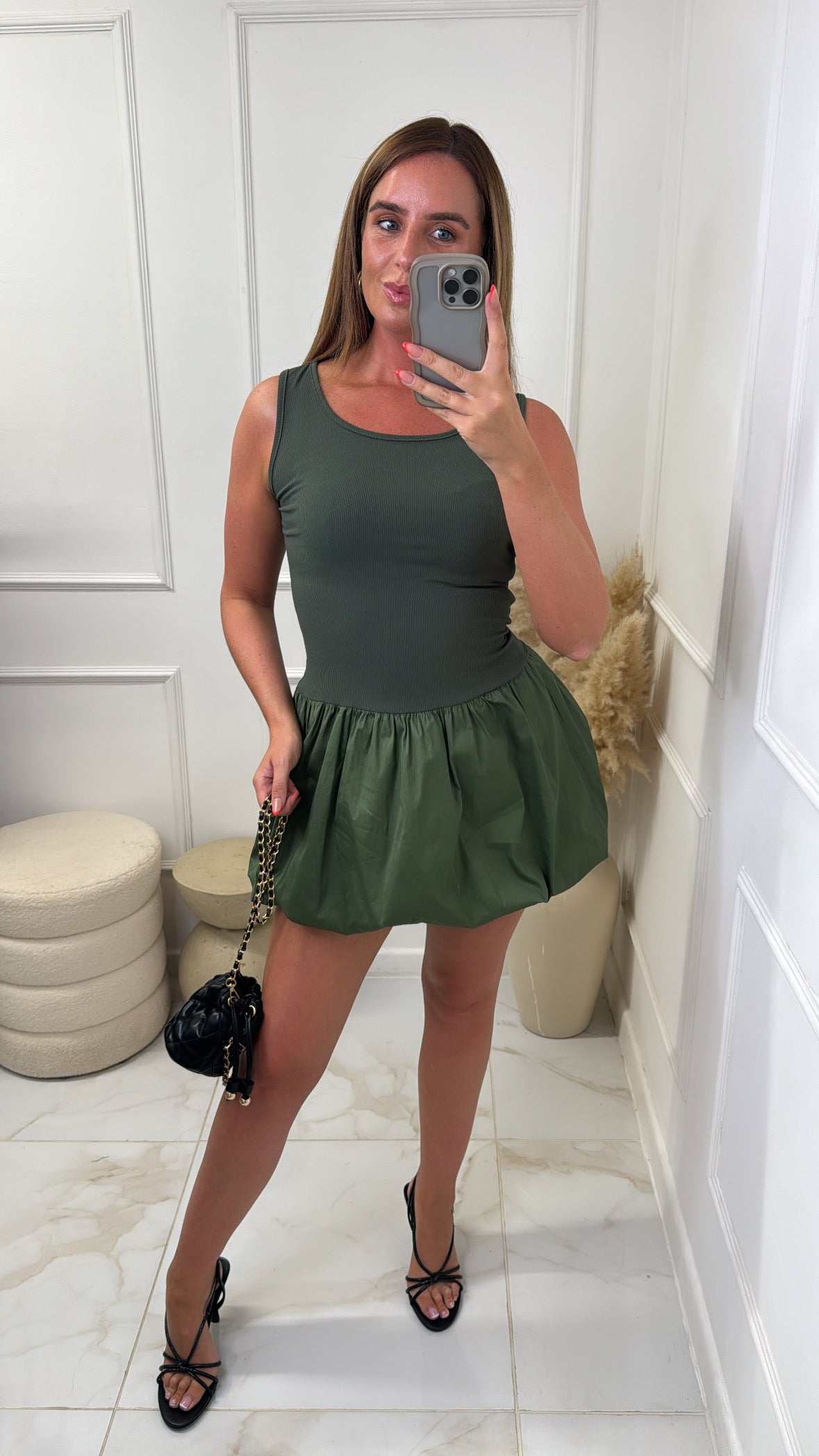 LEXIE khaki puff ball mini dress