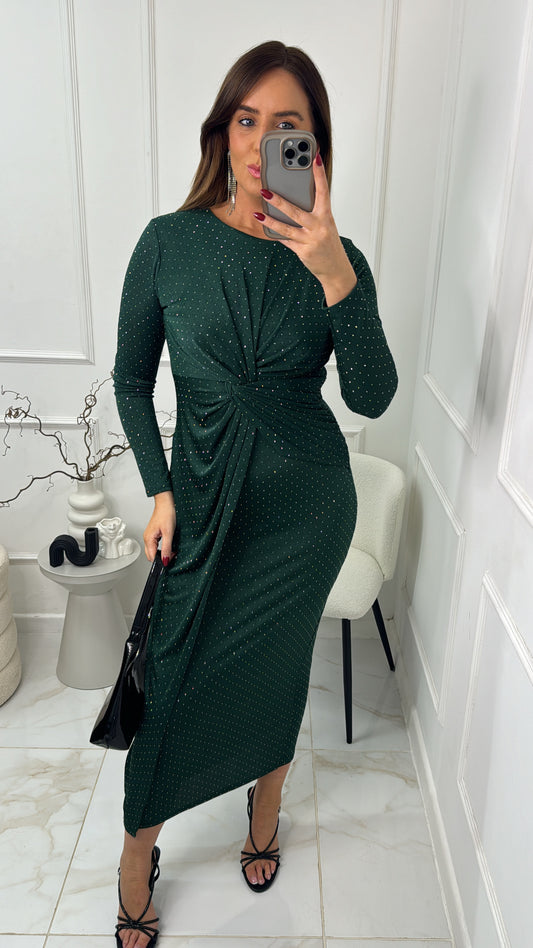 SHARNA green diamante twist maxi dress