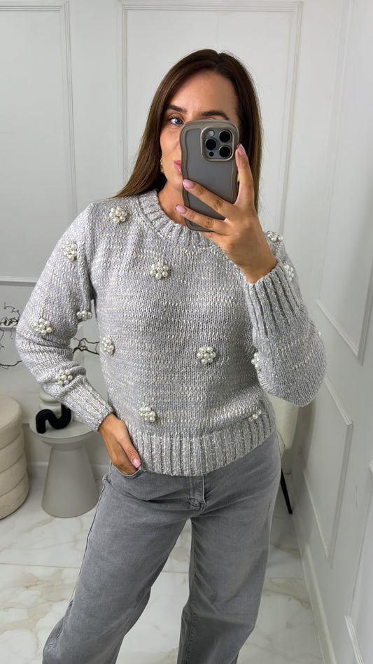 CASSIE grey pearl detail soft knit jumper