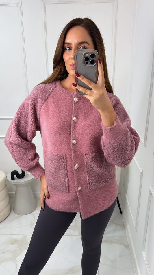 FRANKIE pink teddy detail soft knit cardigan