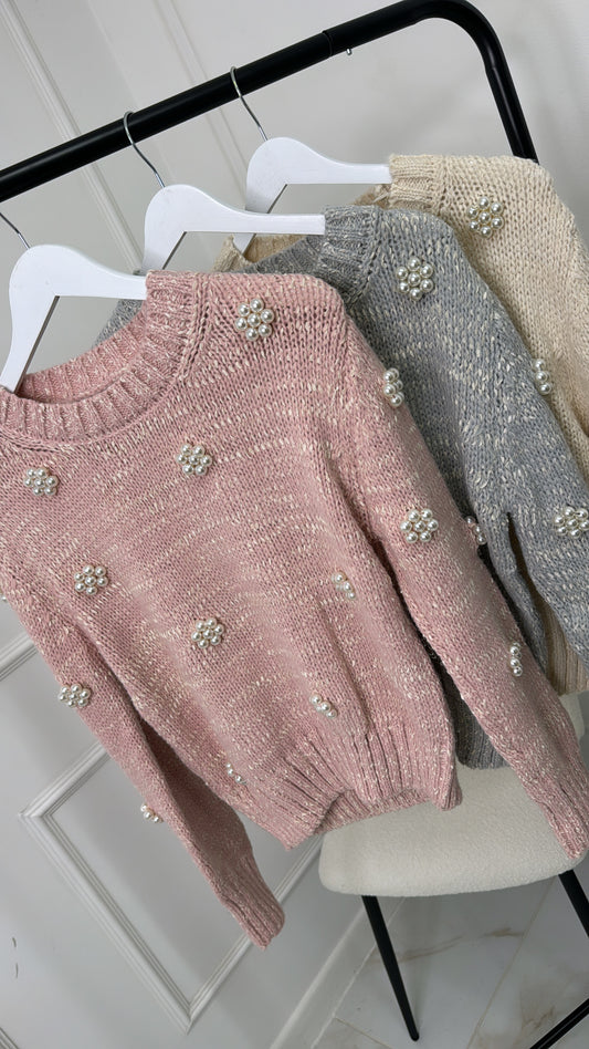 CASSIE pink pearl detail soft knit jumper