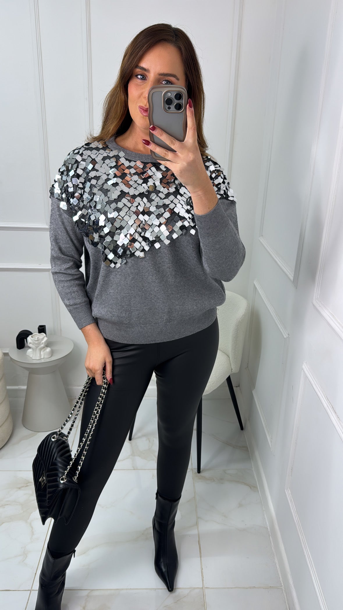 GRACE grey sequin detail soft knit jumper