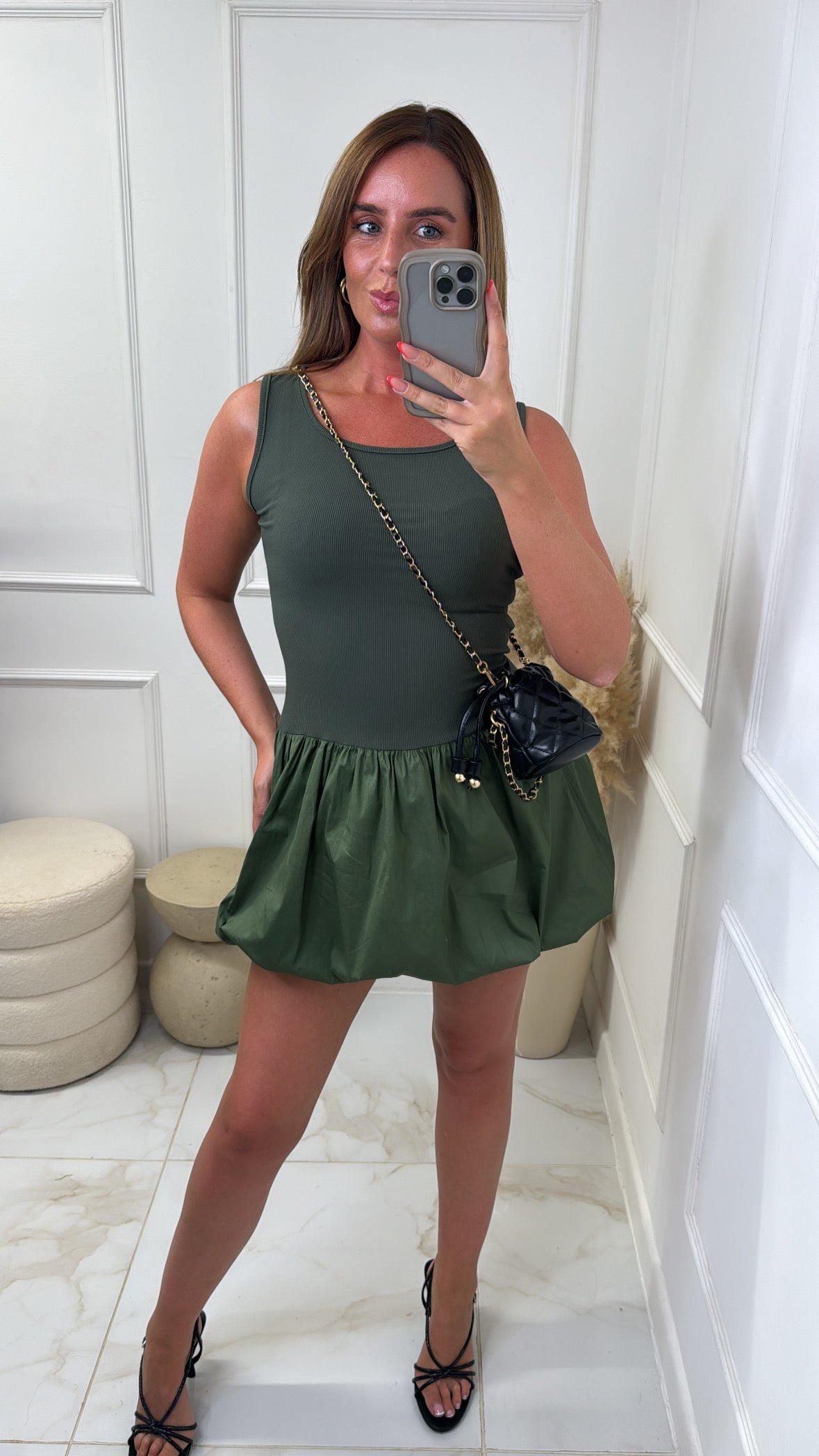 LEXIE khaki puff ball mini dress