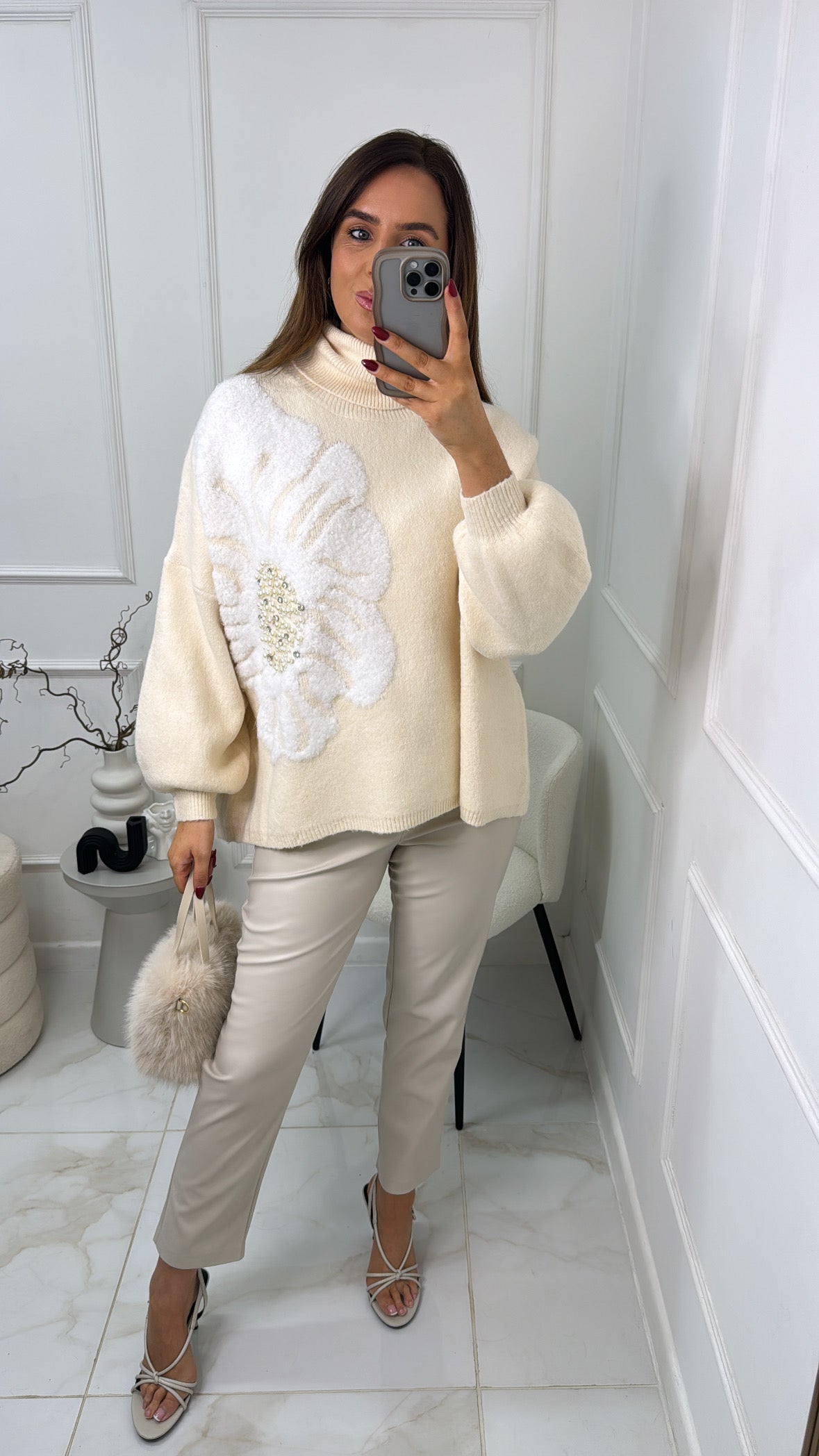 MARGOT cream embellished flower roll neck jumper