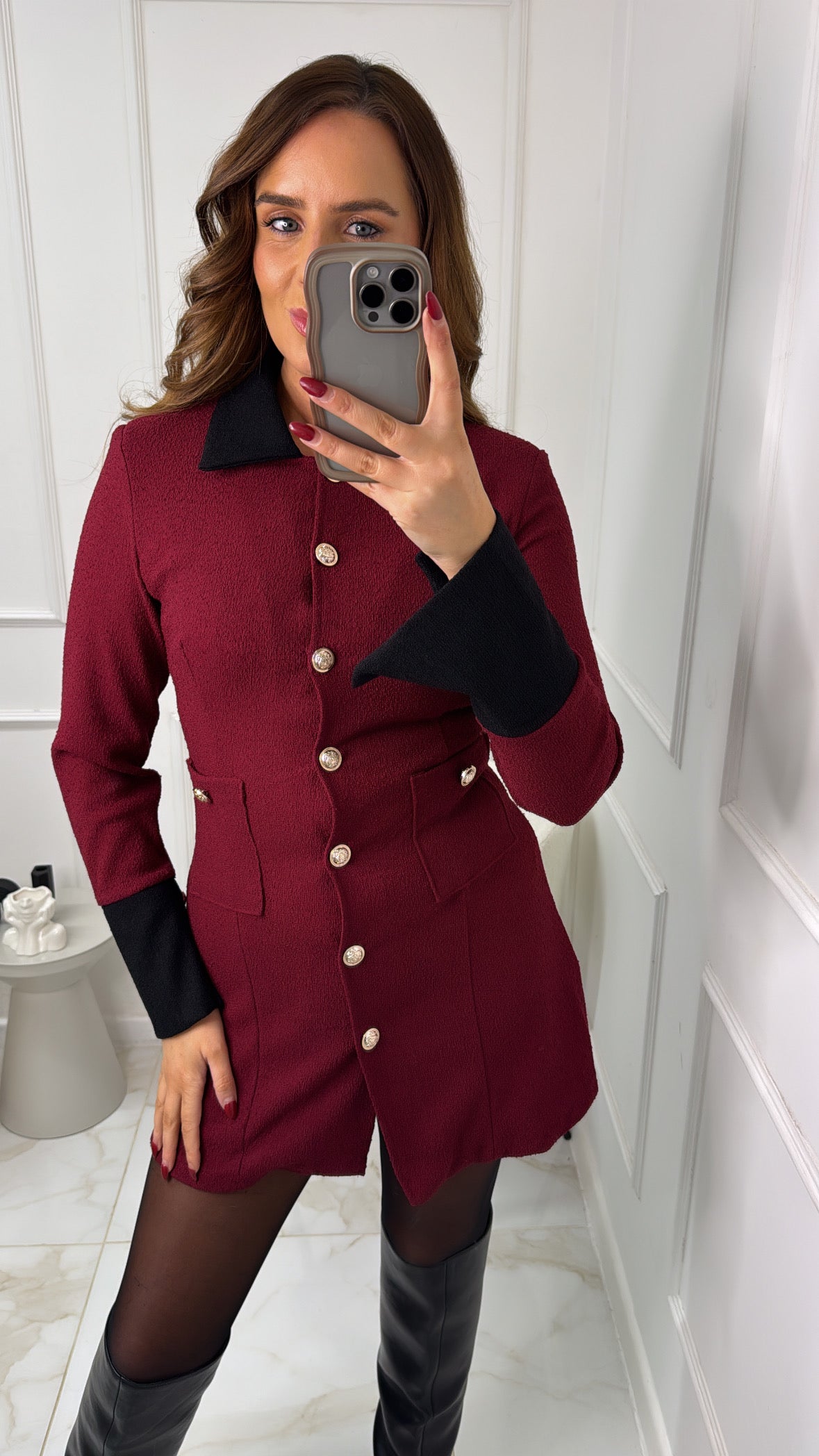 LOLA burgundy collar button blazer dress