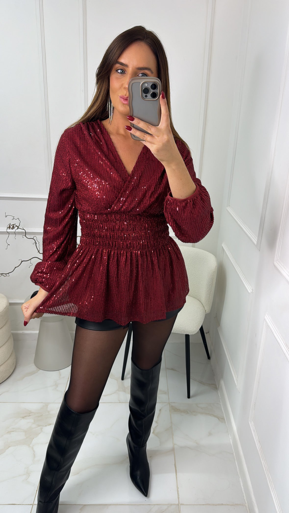 LAYLA burgundy sequin shirred waist blouse