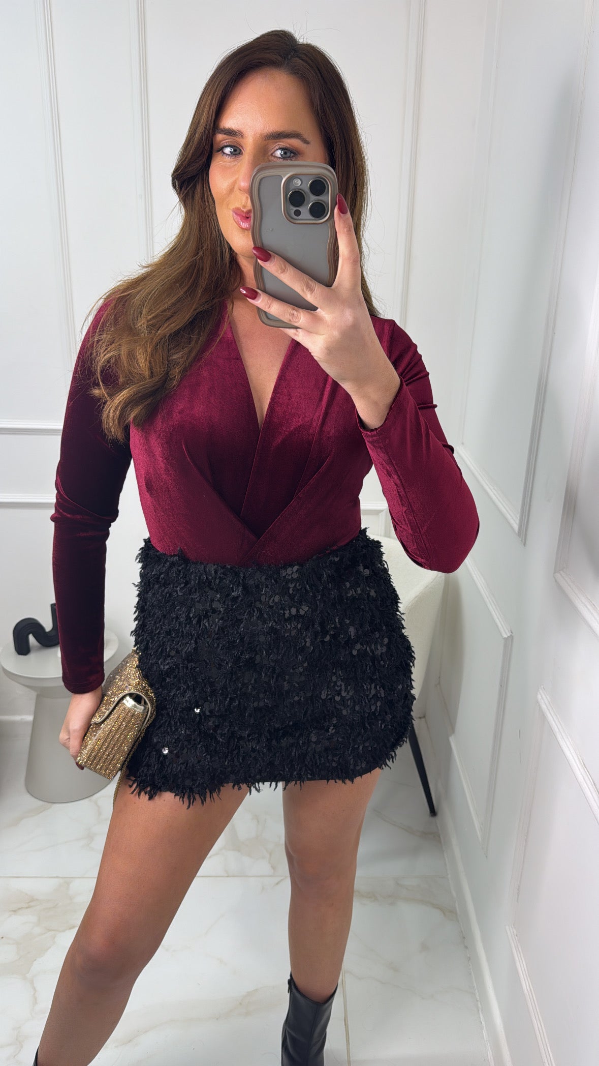 KAYLA burgundy velvet plunge bodysuit