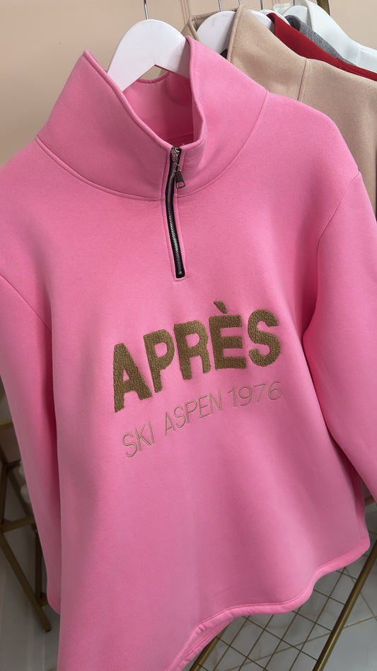 APRES pink borg embroidered half zip sweater