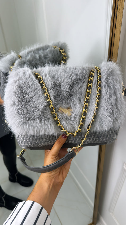 ELLA grey faux fur detailed crossbody bag