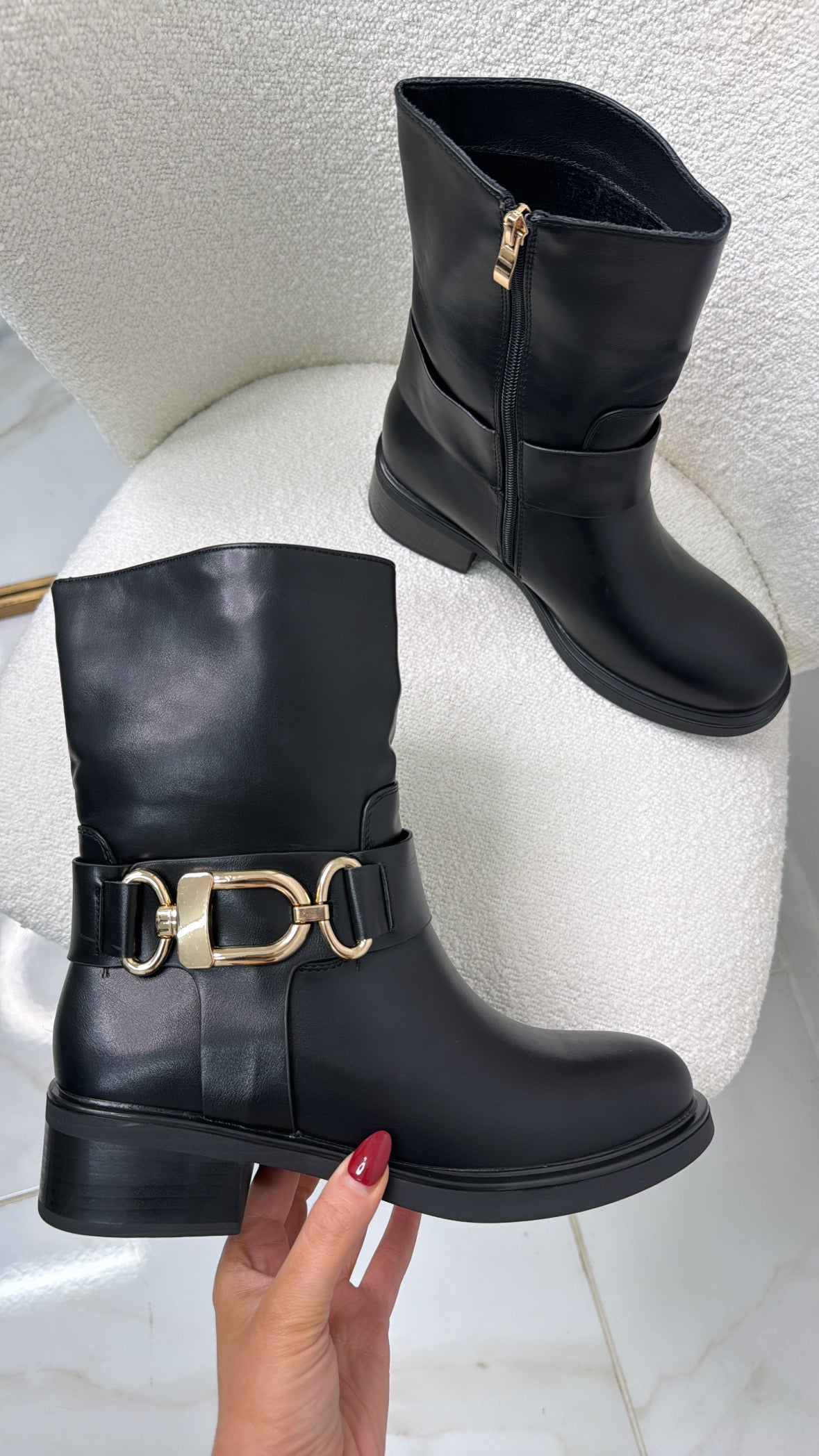 COURTNEY black & gold buckle ankle boots