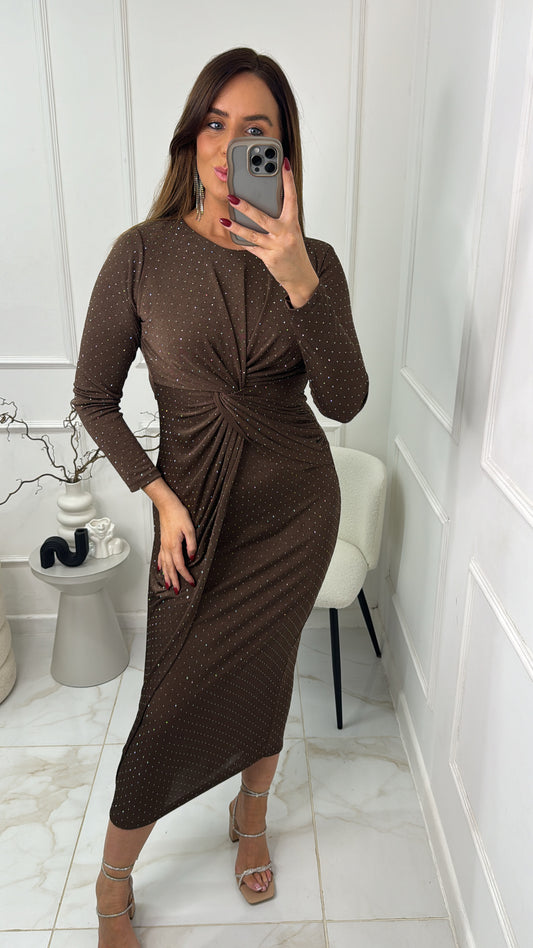 SHARNA chocolate diamante twist maxi dress