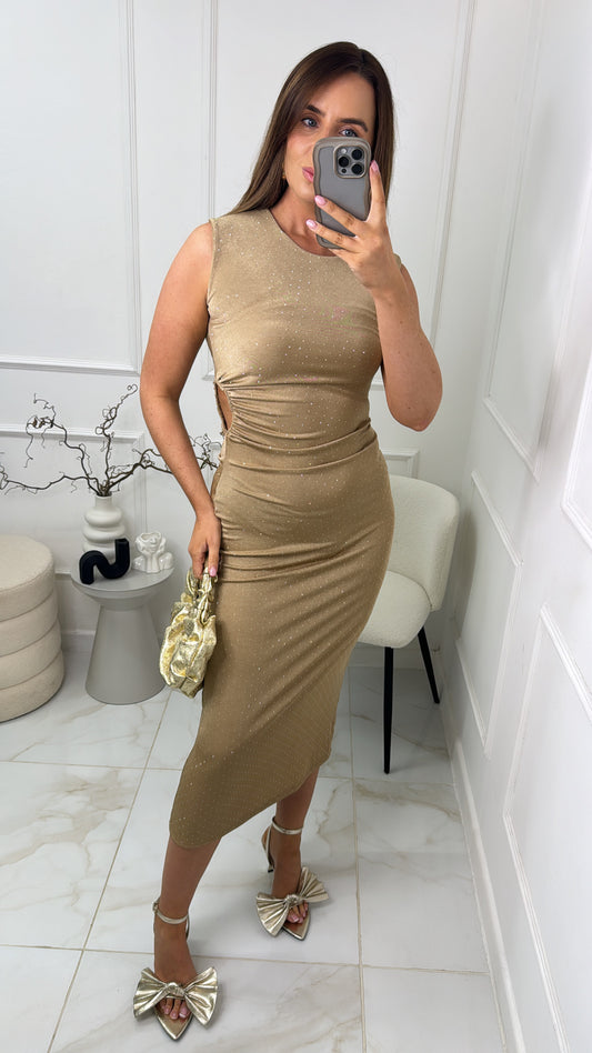 WILLOW beige diamante cut out midi dress