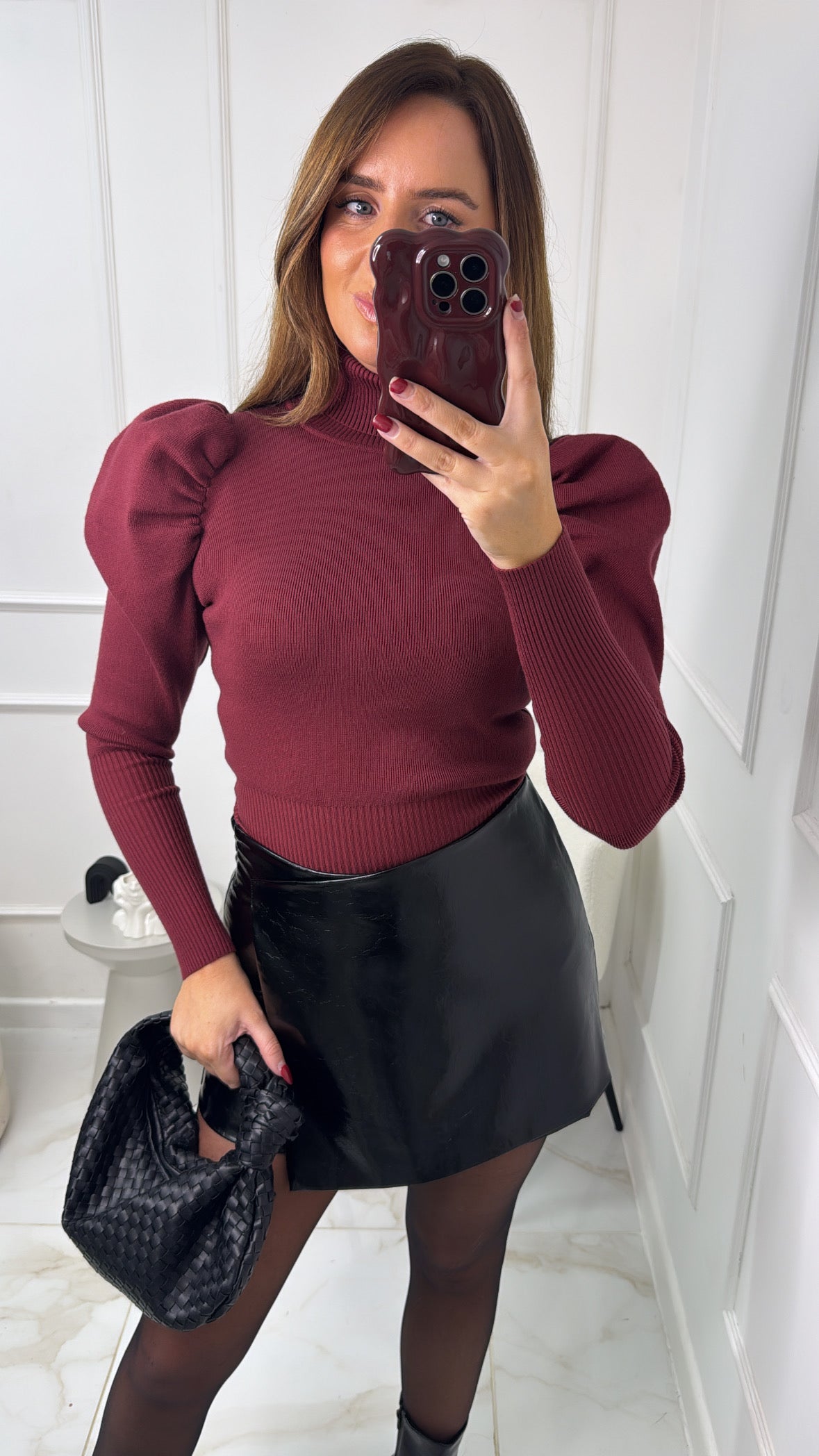 HARPER burgundy high neck ribbed jumper