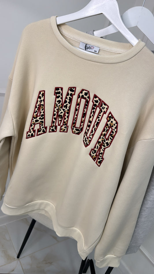 AMOUR beige leopard embroidered sweater