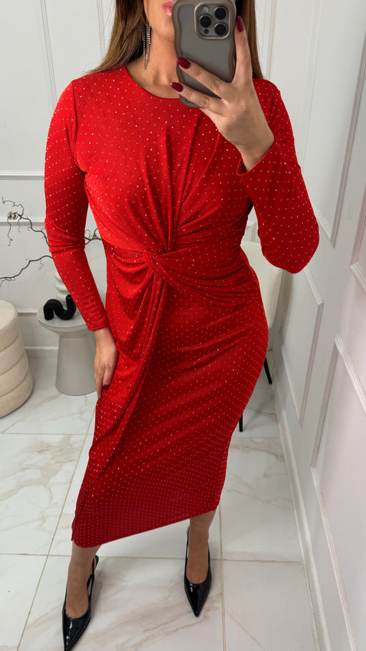 SHARNA red diamante twist maxi dress