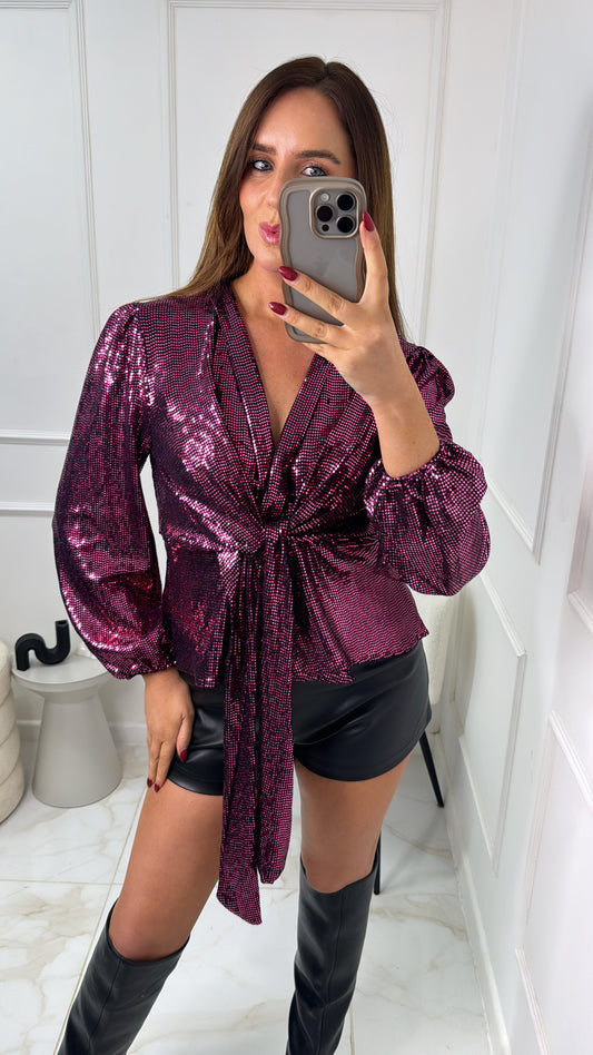 LUNA pink sequin tie front top