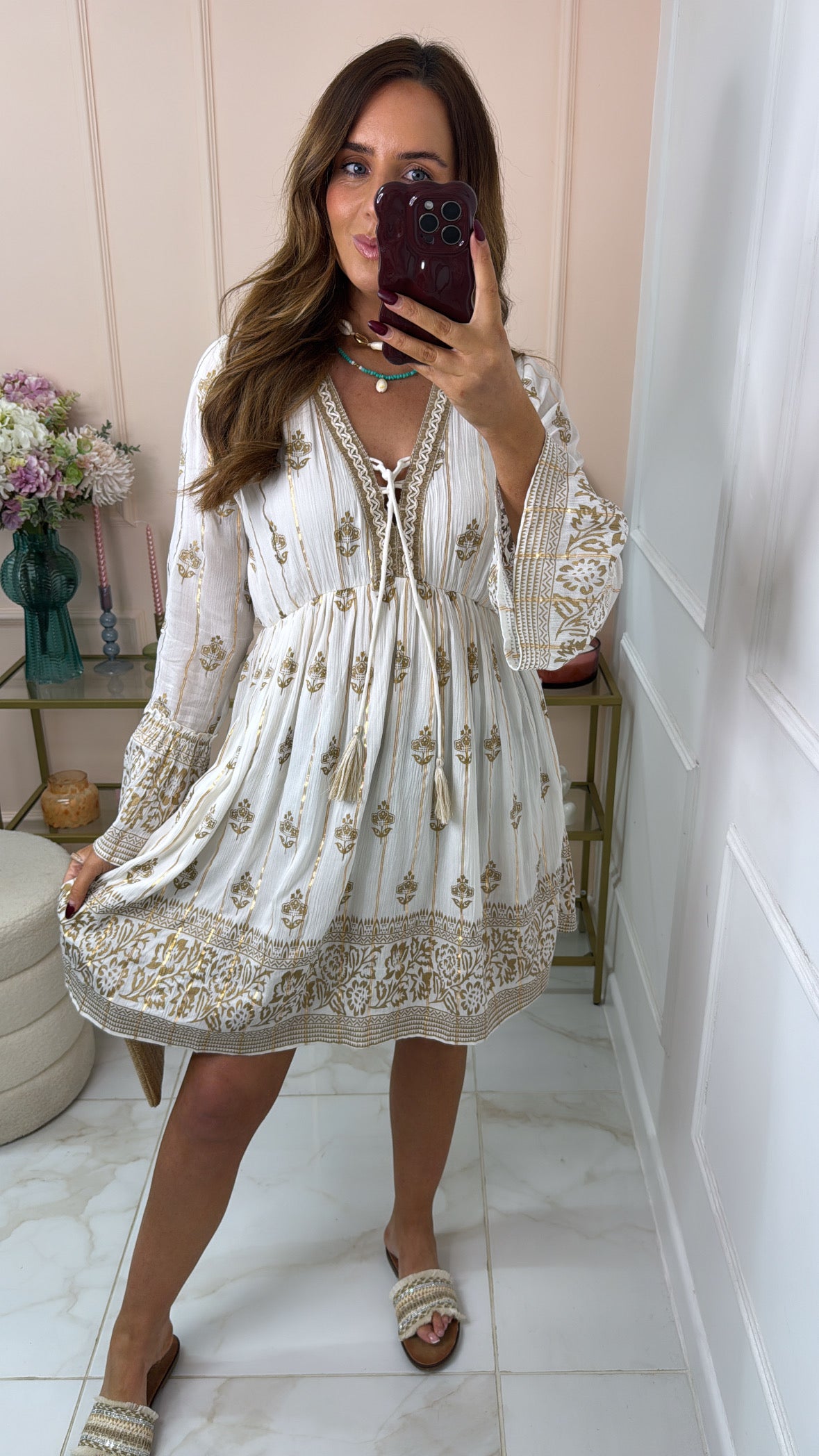 GEORGIE cream & gold detail tassel summer dress