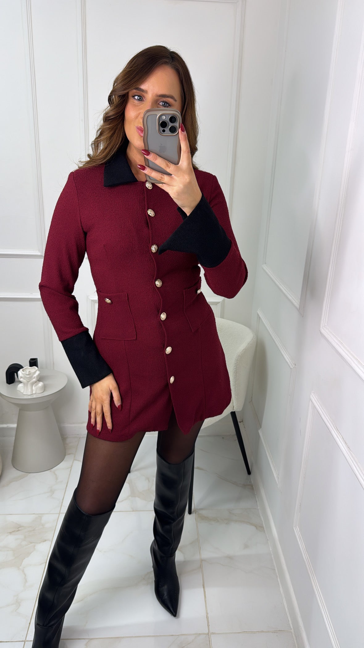 LOLA burgundy collar button blazer dress