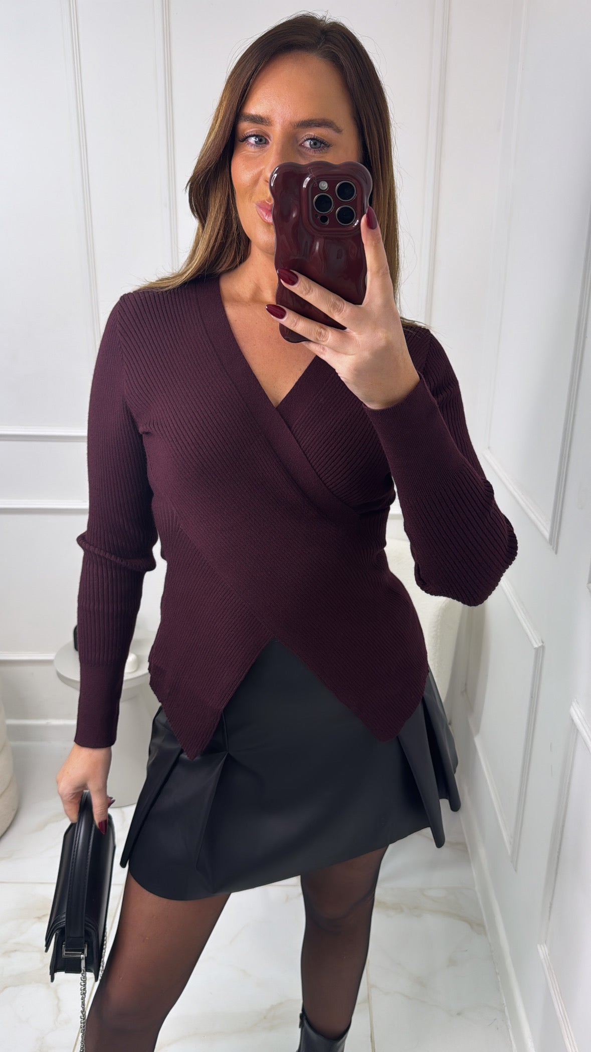 MERCY burgundy fine knit crossover jumper