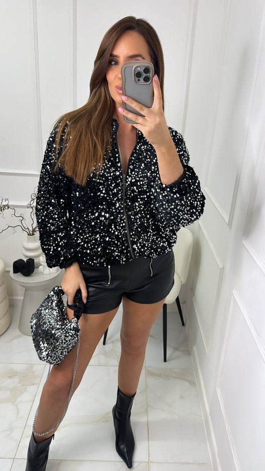 ISLA black velvet sequin bomber jacket