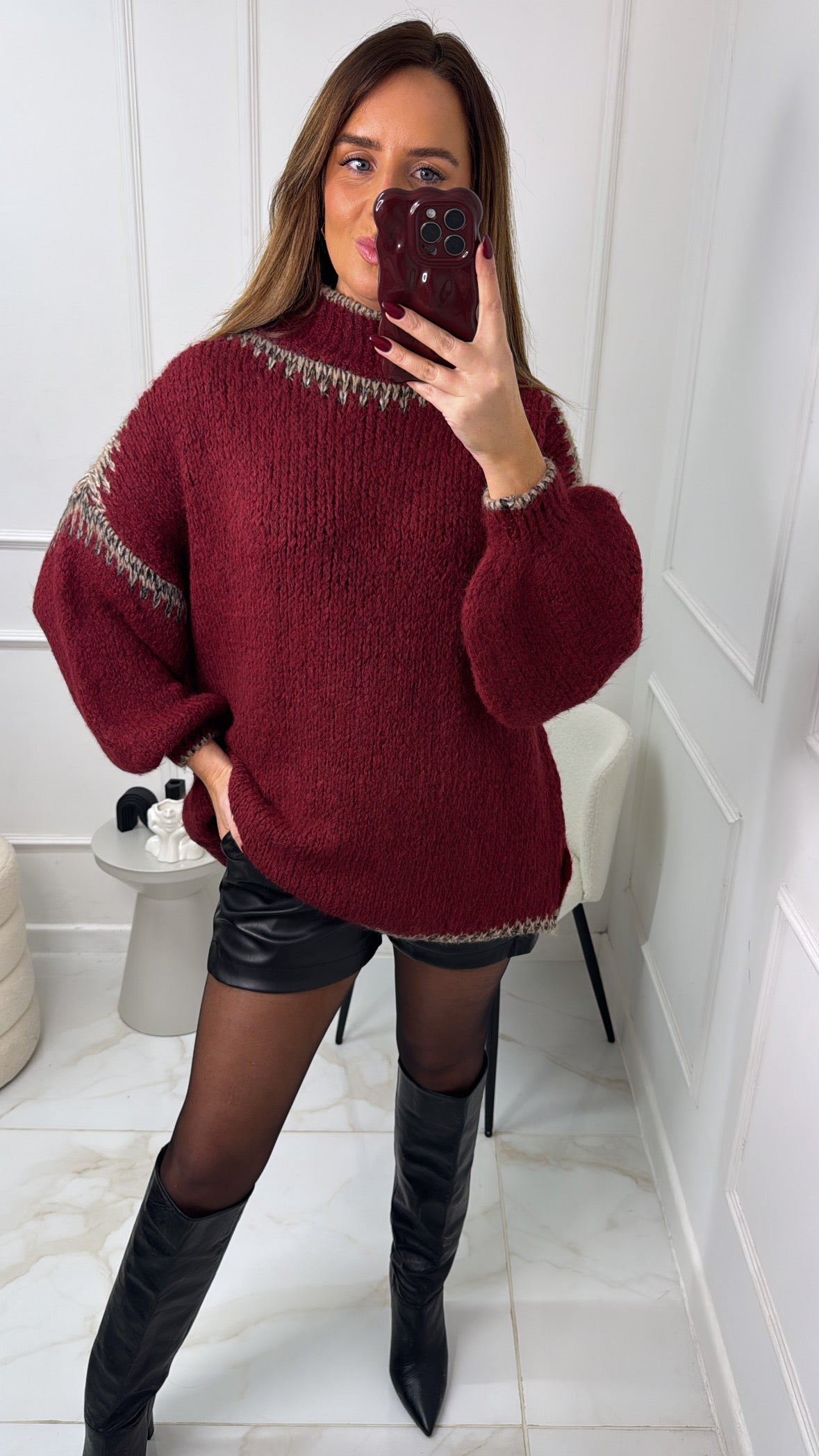 SHARNA burgundy contrast stitch knit jumper