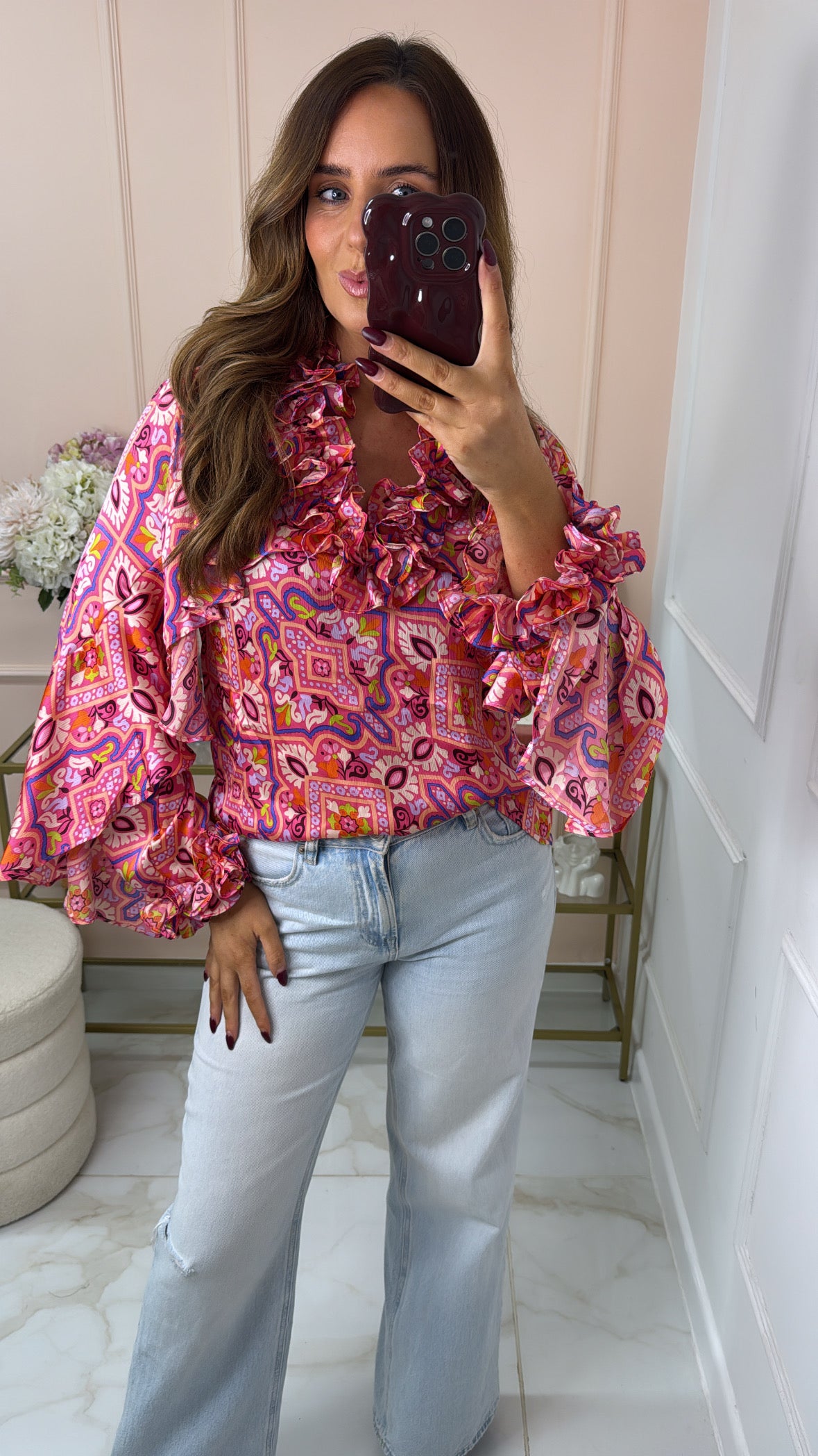 SAMMIE pink printed ruffle blouse