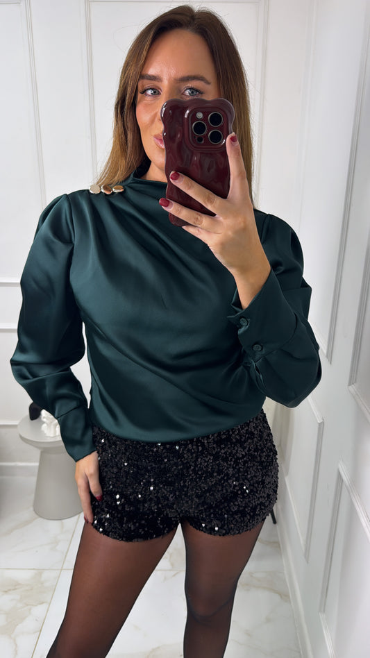 LEANNE emerald satin button blouse