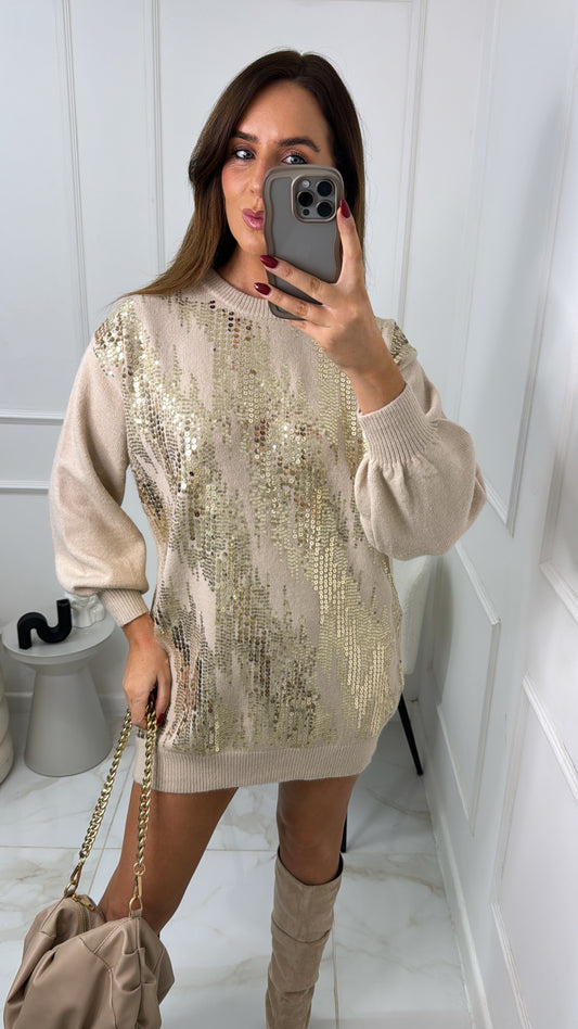 RAINE beige gold sequin jumper dress