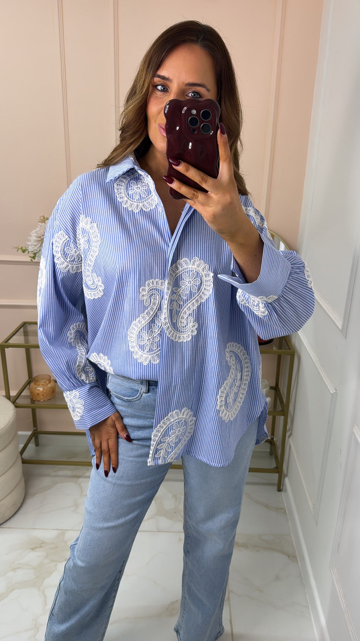 LOTTIE blue pinstripe crochet detail shirt