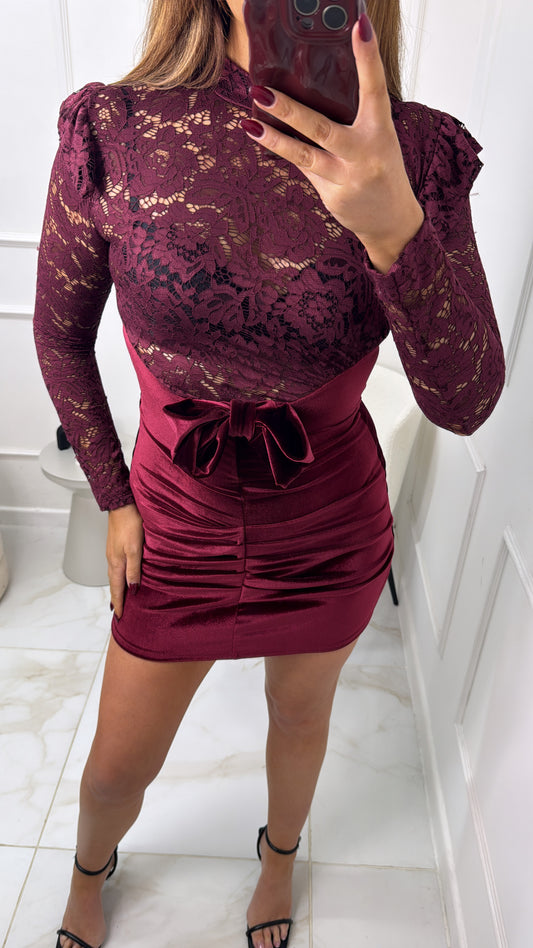 LILLIE burgundy lace & velvet bow detail dress