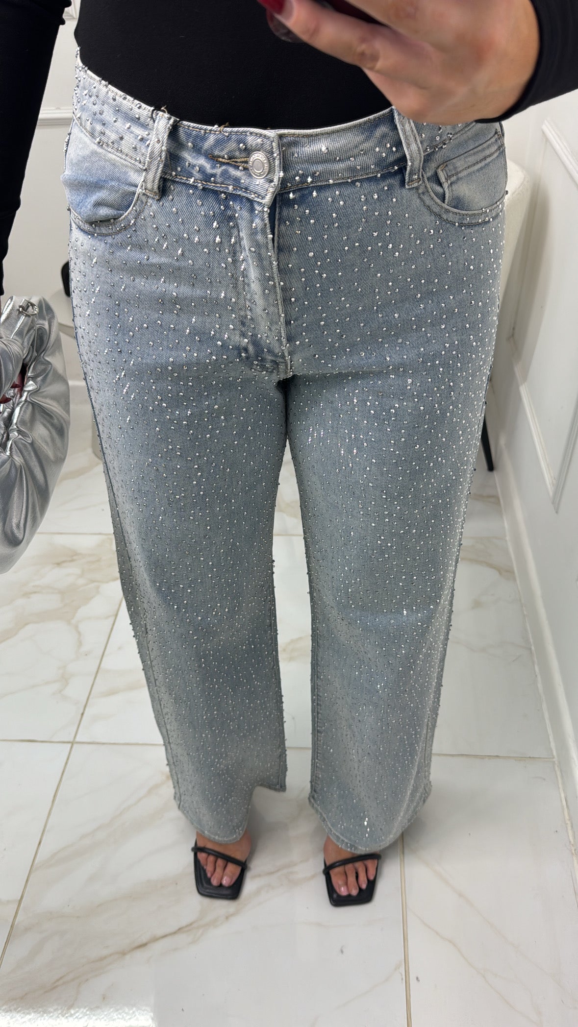 SHANICE light wash diamante wide leg jeans