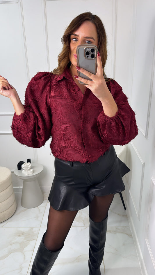 ABBIE burgundy textured balloon sleeve blouse