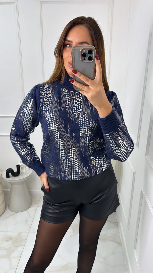 GRACIE navy sequin high neck jumper