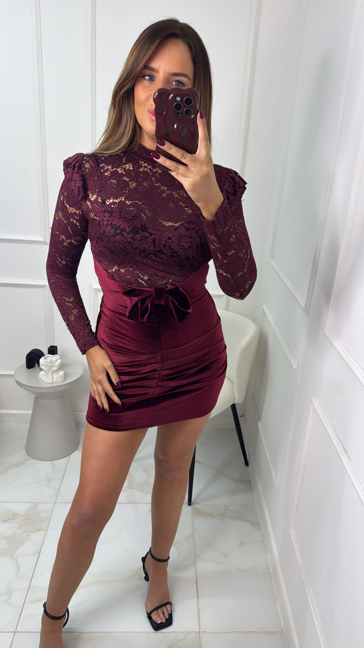 LILLIE burgundy lace & velvet bow detail dress