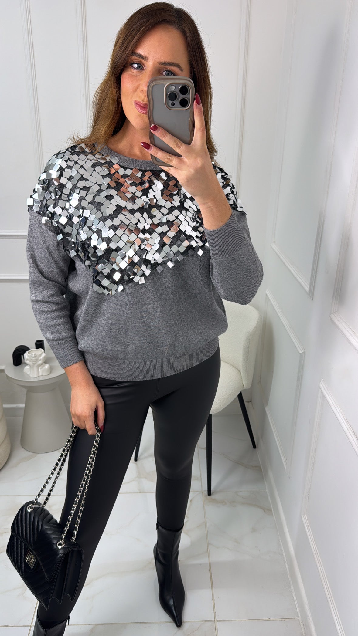 GRACE grey sequin detail soft knit jumper