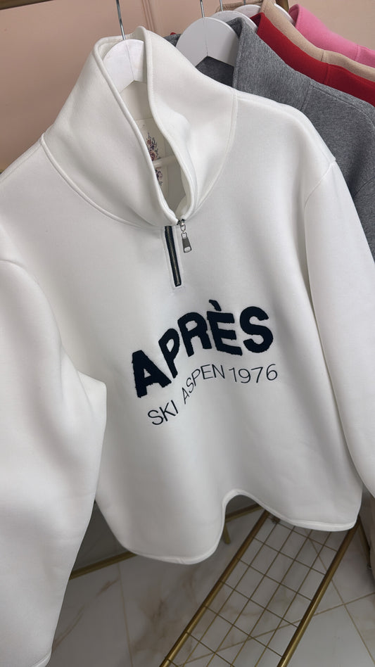 APRES white borg embroidered half zip sweater