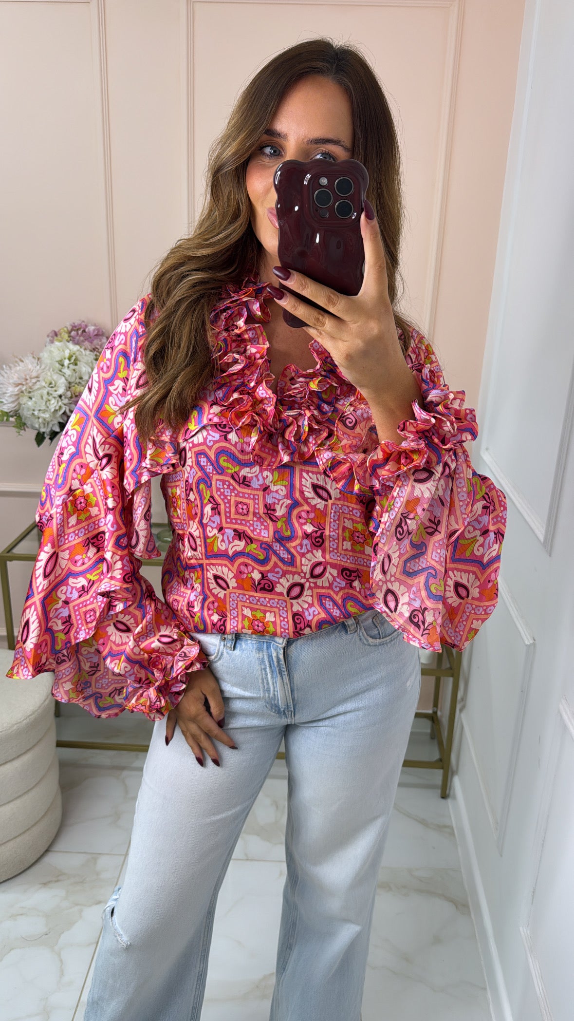 SAMMIE pink printed ruffle blouse