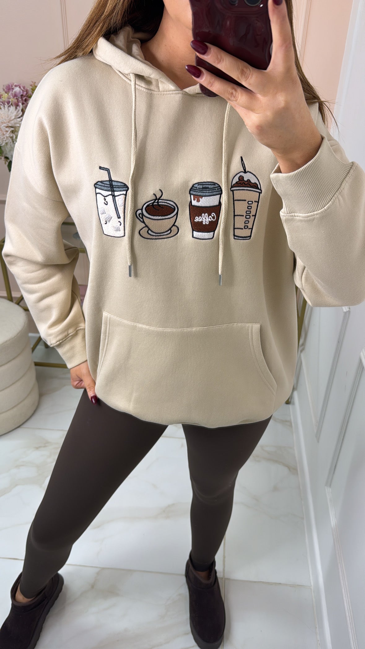 RUBY beige coffee embroidered hoodie