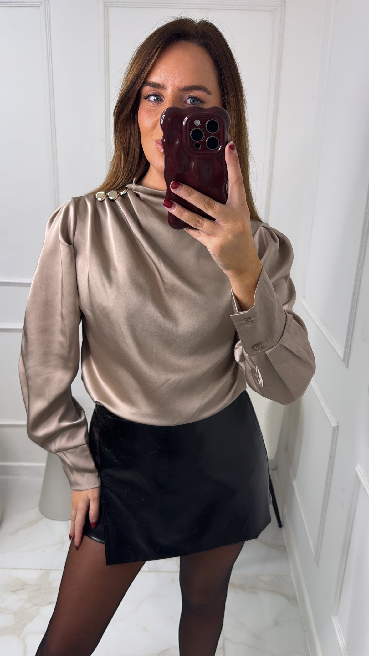 LEANNE champagne satin button blouse