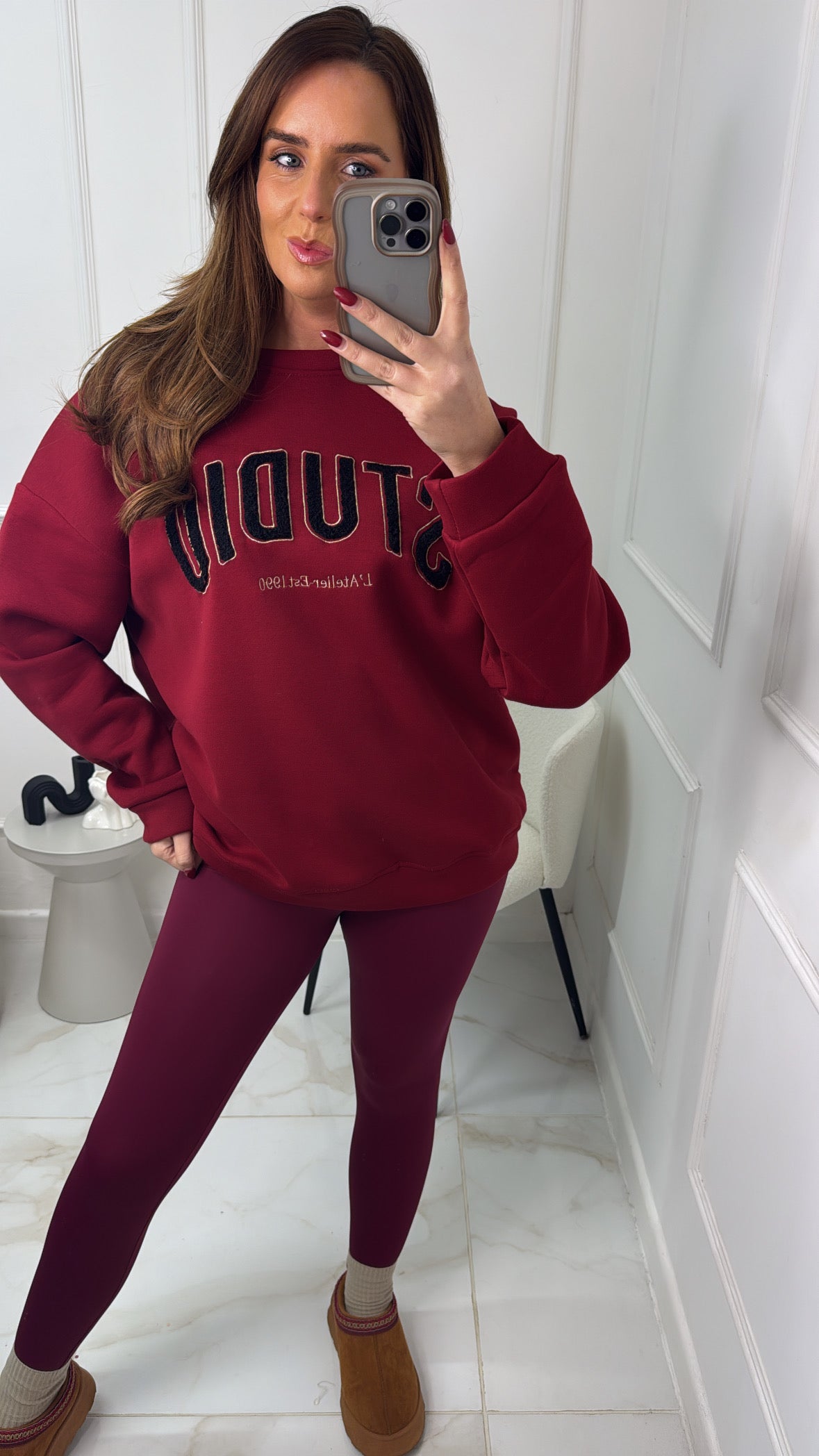 RUBY burgundy studio teddy slogan sweater