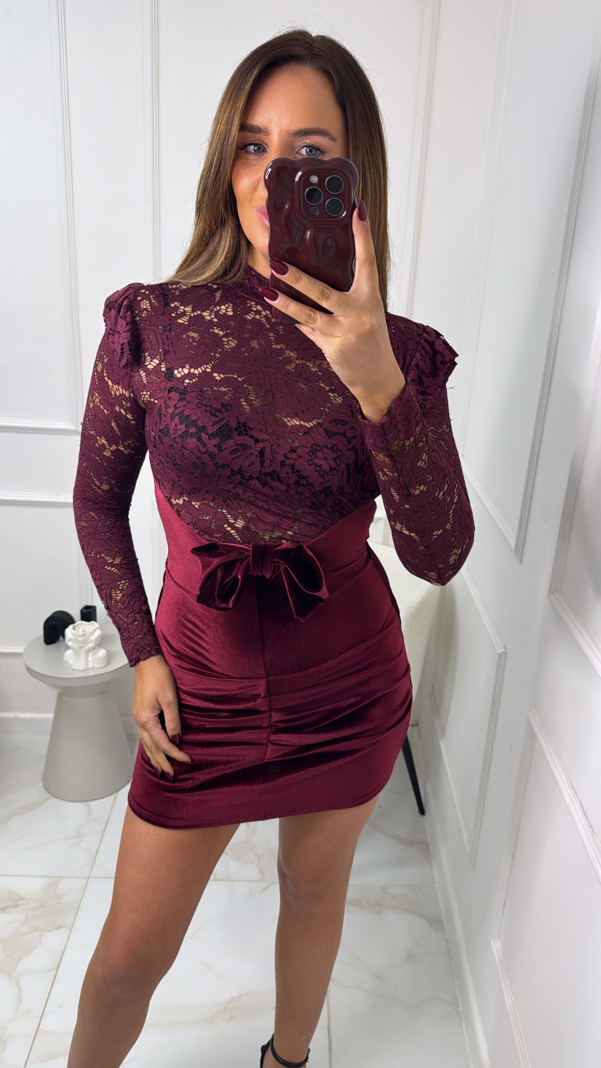 LILLIE burgundy lace & velvet bow detail dress