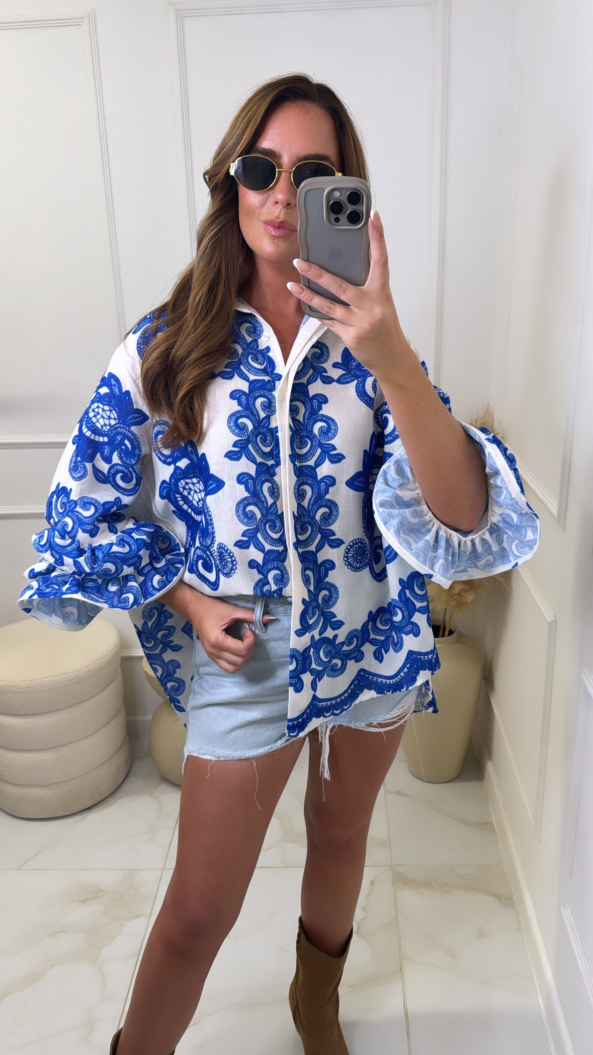 MILLIE blue printed exaggerated cuff shirt