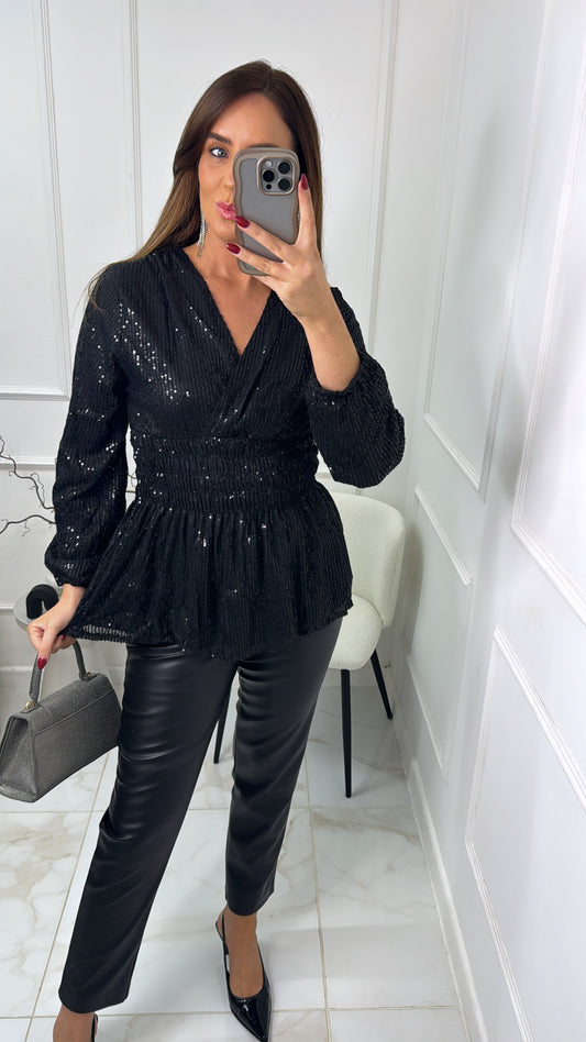 LAYLA black sequin shirred waist blouse