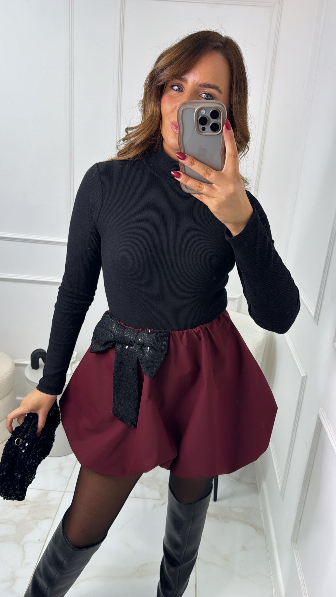 ELLIE burgundy sequin bow puffball skirt